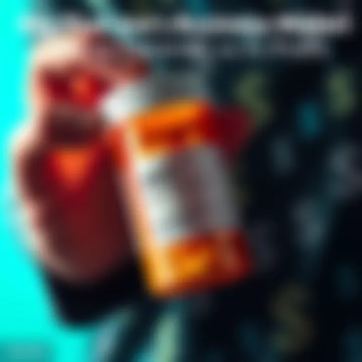 A visual representation of healthcare and profits, showing a person holding a prescription bottle with dollar signs in the background.