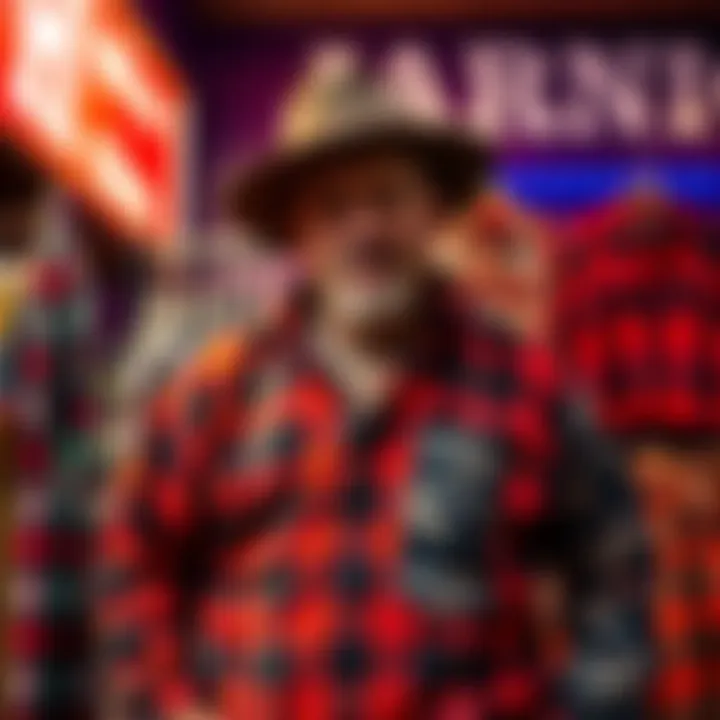 A collection of colorful upcycled shirts, flannel wear, and artistic cabin tees representing Phil Harris's unique style.