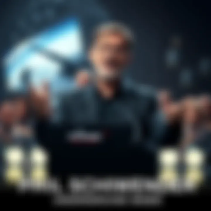 Phil Schneider speaking at a podium about underground military bases with visuals behind him