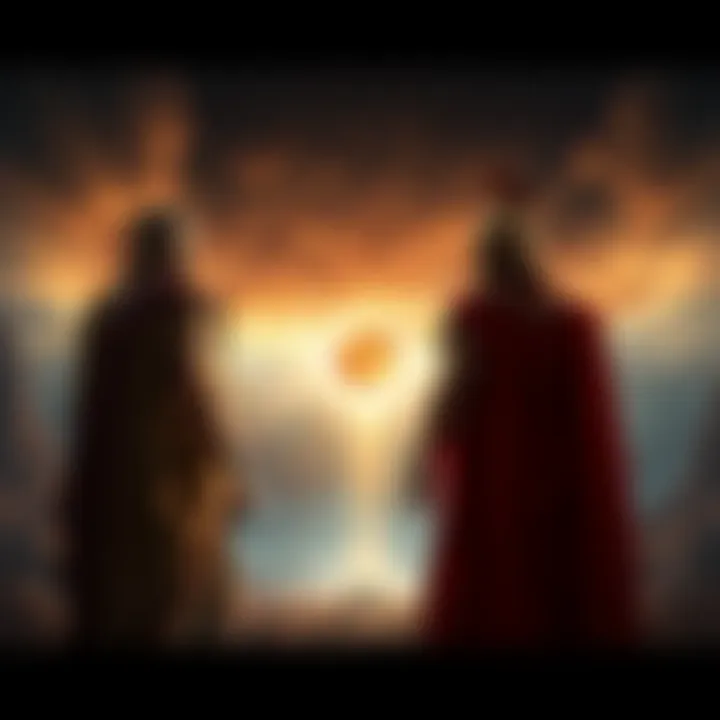 A depiction of Philip II of Macedon and Alexander the Great standing before a mystical realm, considering their afterlife choices in ancient Greece.