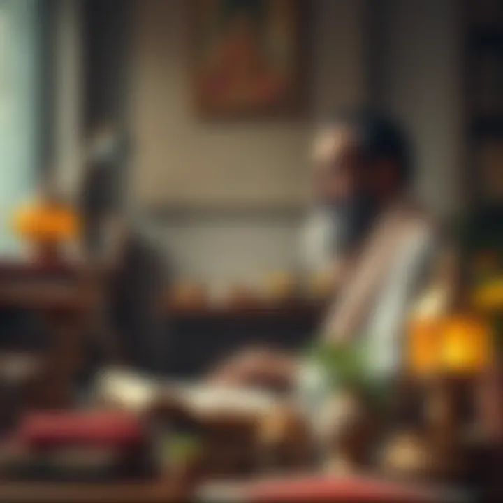A philosopher speaks about the idea of anirvacanīya while surrounded by books and traditional Indian art, illustrating the blend of thought and culture.