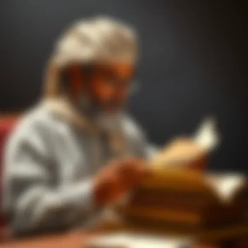 A scholar analyzing philosophical texts with a focus on arguments and fallacies, noting key points in a notebook.