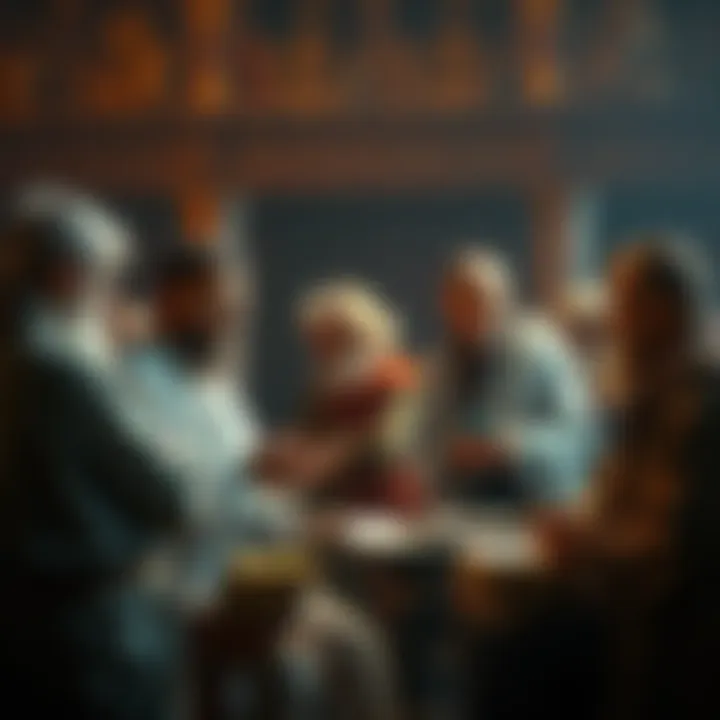 Philosophers Discussing Neoplatonism A group of philosophers engaged in a lively discussion about neoplatonism, with books and papers scattered around them.