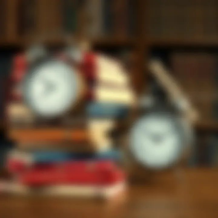 A collection of philosophical books stacked next to a clock, symbolizing the relationship between time and procrastination.