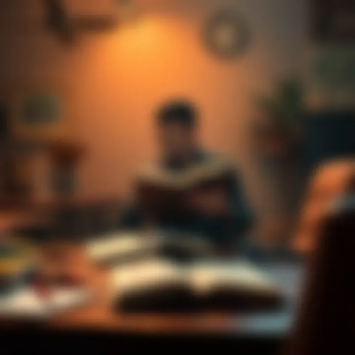 A person sitting at a desk, reading a book about philosophy, showing deep thought.