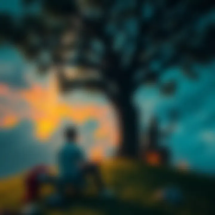 A person sitting under a tree, contemplating life and ancient gods, with symbols of nihilism and absurdism around them.