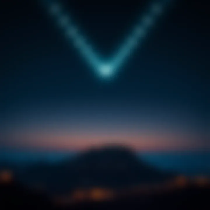 A dramatic depiction of the Phoenix Lights formation illuminating the night sky over Arizona, showcasing an array of glowing orbs in a prominent V-shape.