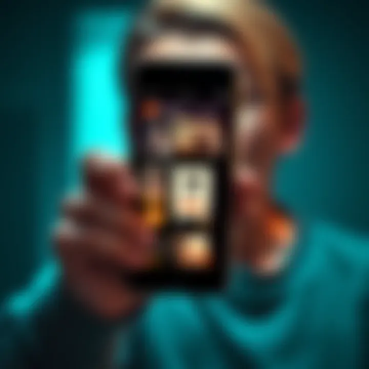 Phone displaying ads related to thoughts A smartphone showing advertisements that seem linked to a person's unexpressed thoughts, with a surprised person in the background.