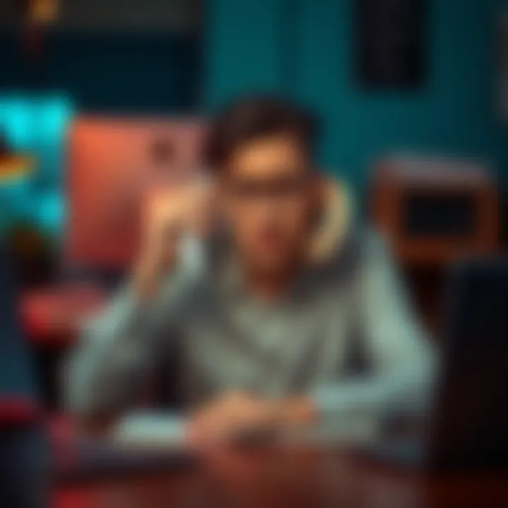 Person holding a phone looking anxious A person sitting at a desk, holding a phone to their ear with a worried expression, illustrating anxiety about making a phone call.