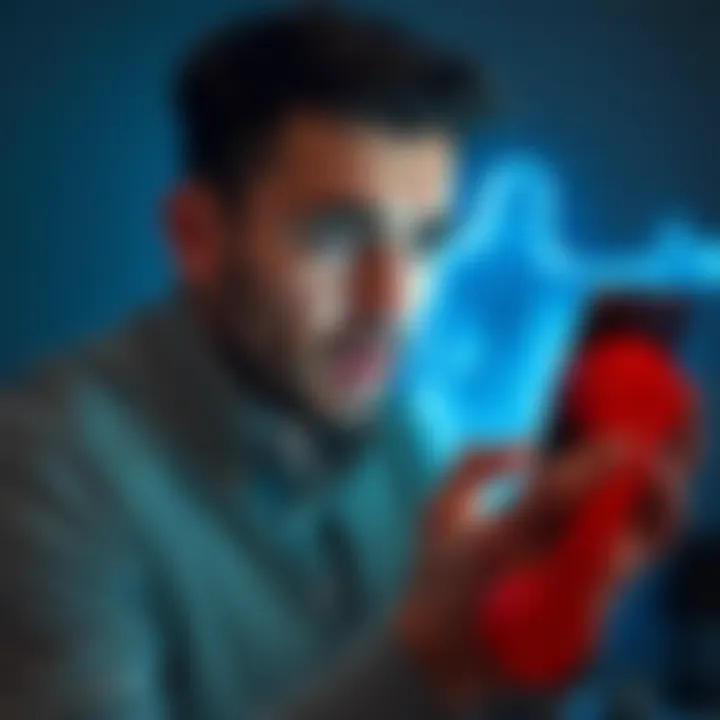A person looking startled while holding a smartphone, with a faint image of a ghostly figure in the background, symbolizing a call from the dead.