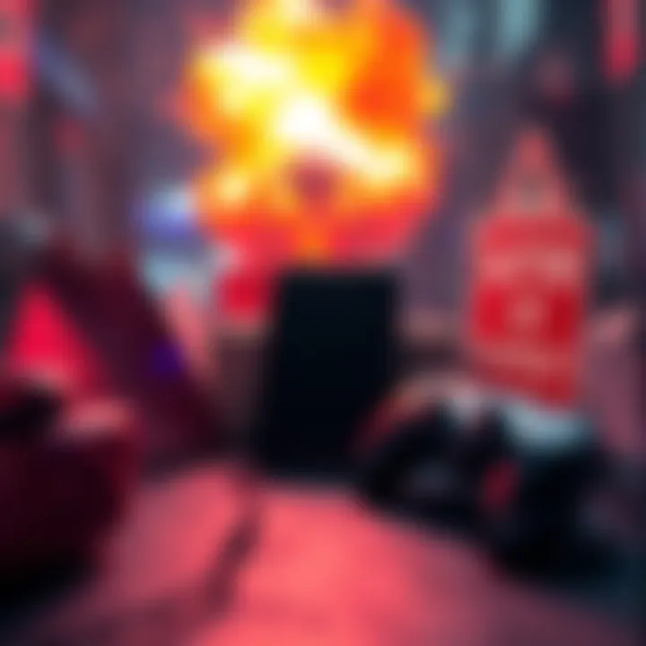 A cell phone and gaming console surrounded by warning signs related to safety issues and potential explosions, highlighting technology concerns.