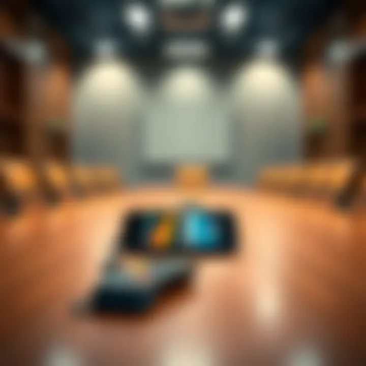 A phone sits on a table in an empty meeting room, indicating it made multiple calls to police.