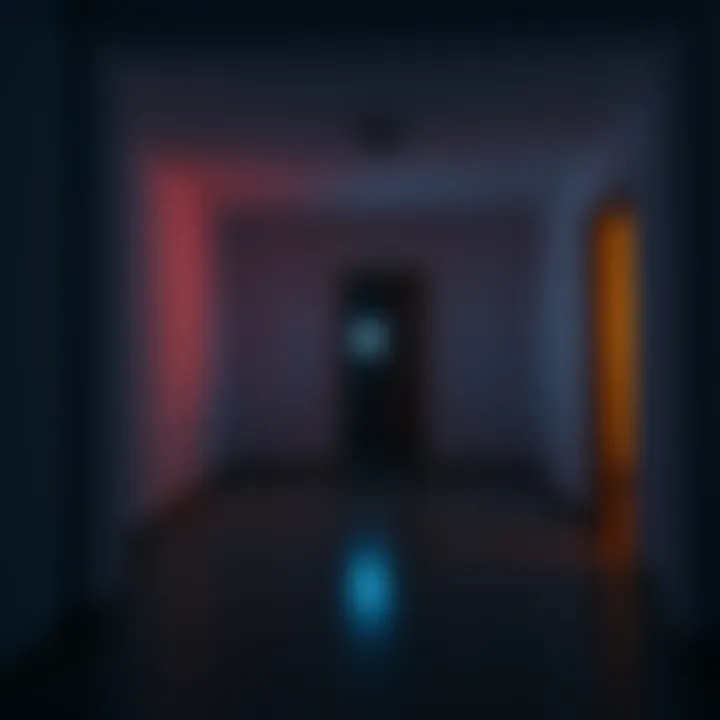 A dimly lit room with a phone not visible, but a ringing sound is implied