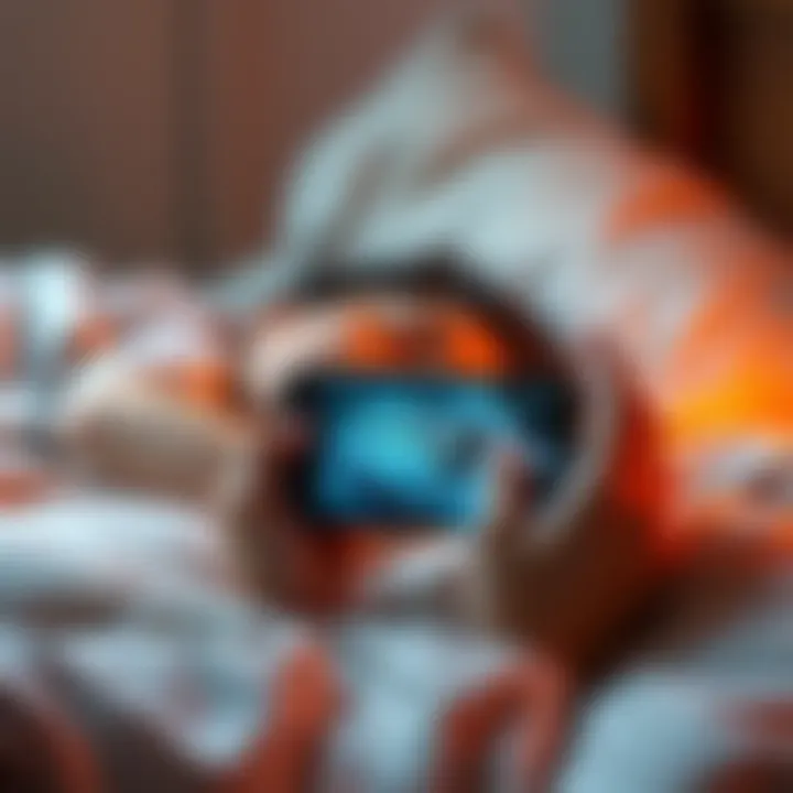A smartphone lying on a bed capturing a photo of a person sleeping, showing unusual angles and lighting