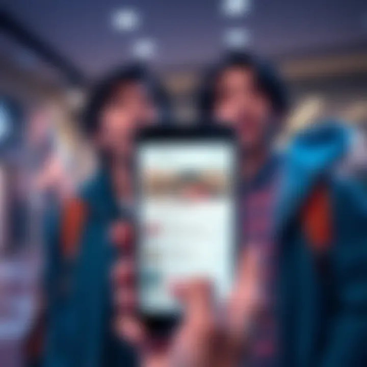 A smartphone displaying search suggestions related to an anime episode, with two people looking surprised in the background.