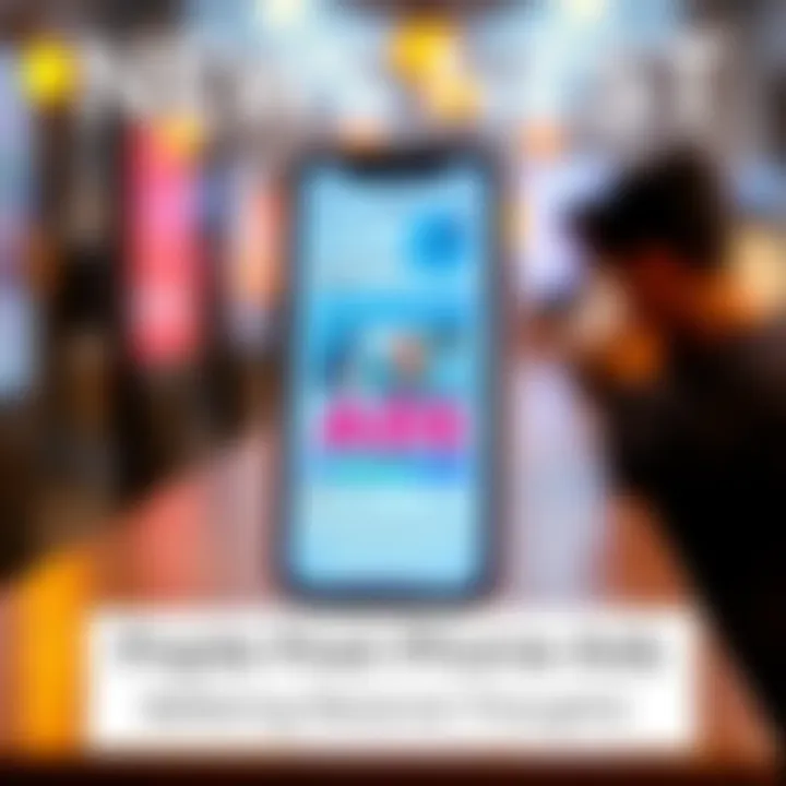 A smartphone displaying ads that seem to reflect personal thoughts, set against a blurred background of a person contemplating.