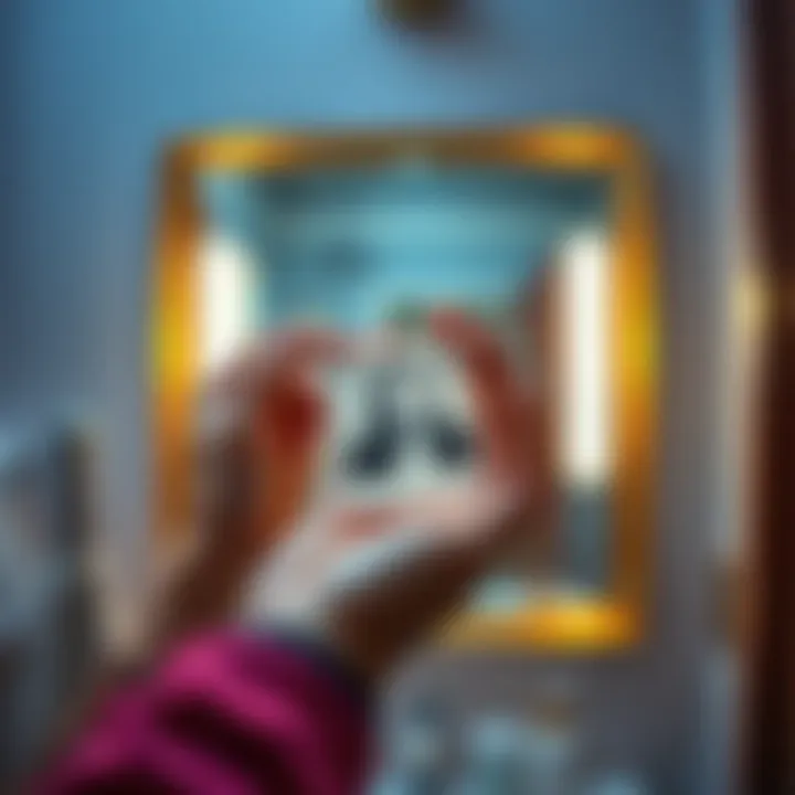 A surprised homeowner holds a photo discovered after removing a bathroom mirror, showing a glimpse of the hidden image.