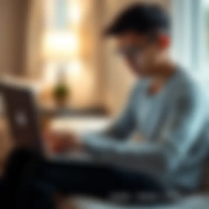 Individual sitting with a laptop, looking at a photo with a thoughtful expression during a photo reading session