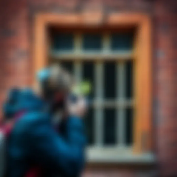 A photographer examining an old house window, focusing on a unique detail at the top