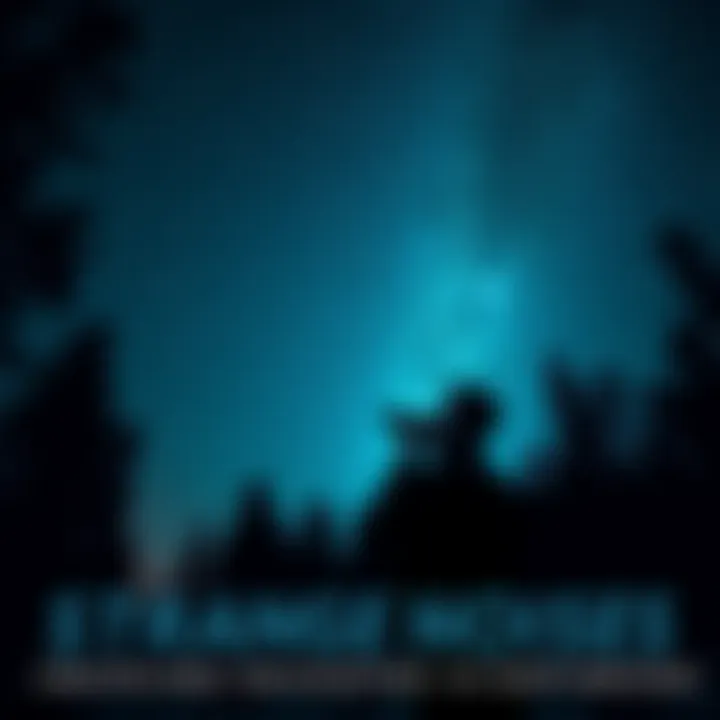 Photographer star gazing in the Northwoods A photographer looks up at the night sky filled with stars, surrounded by dark trees and strange lights in the distance.