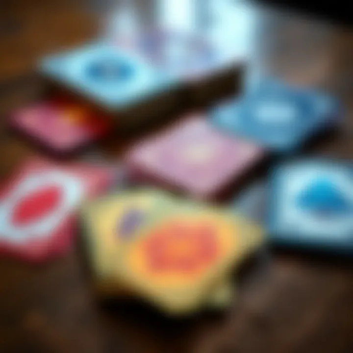 A set of colorful physical cards laid out on a wooden table, inviting tactile engagement for spiritual practices.