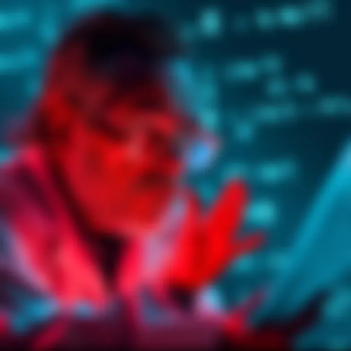 A physicist examines Bob Lazar's controversial claims about advanced technology, with a critical expression, surrounded by scientific equations and papers.