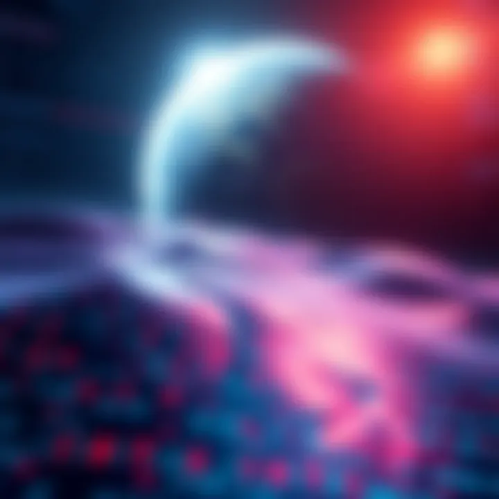 An abstract representation of gravity and simulation featuring code patterns and a planet in the background.