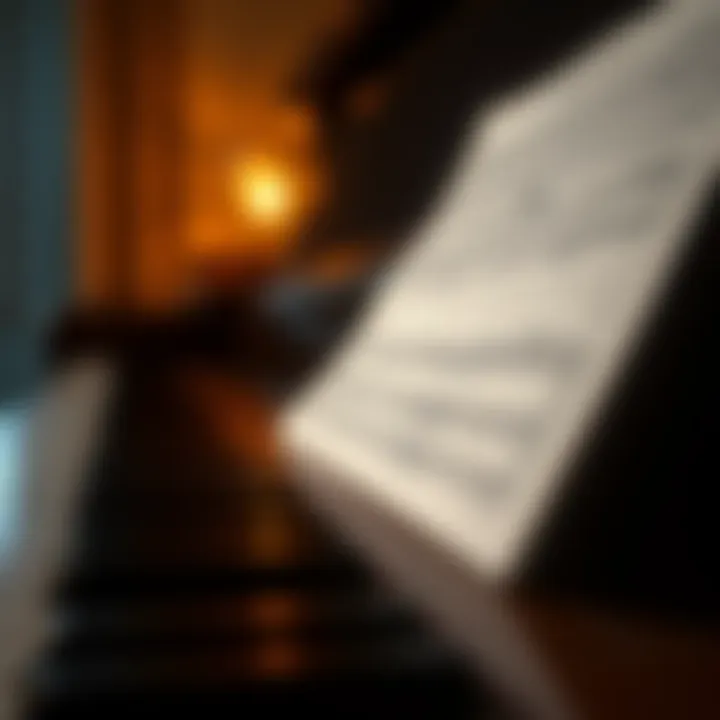 Close-up of piano keys with sheet music of Claire de Lune