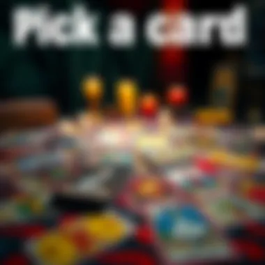 A colorful display of tarot cards laid out on a table, inviting people to choose one for a personal message.