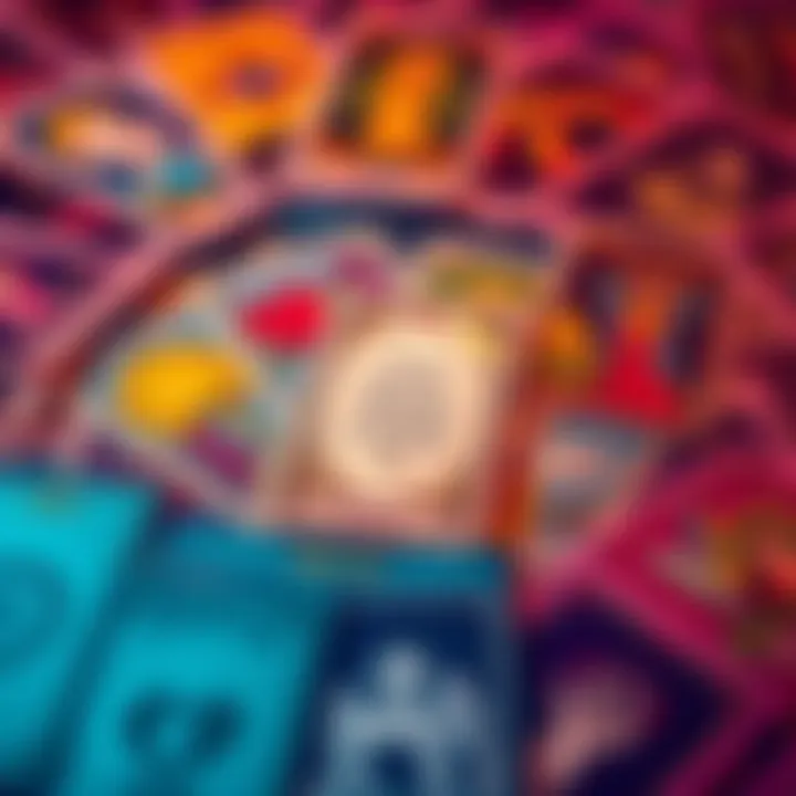 A colorful array of tarot cards spread out with one card being selected, symbolizing a message from a crush.