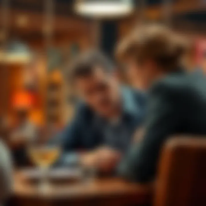 Pierce Brosnan sitting at a restaurant table, appearing emotional while discussing his role as James Bond with a coworker, who looks supportive.