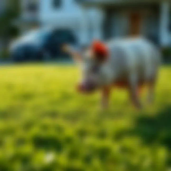 A pig walking on a grassy lawn in front of a house