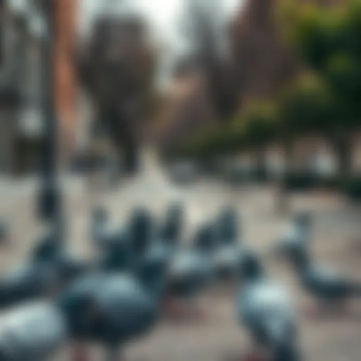A group of pigeons gathered in an empty urban park, looking around, as public services are reduced.