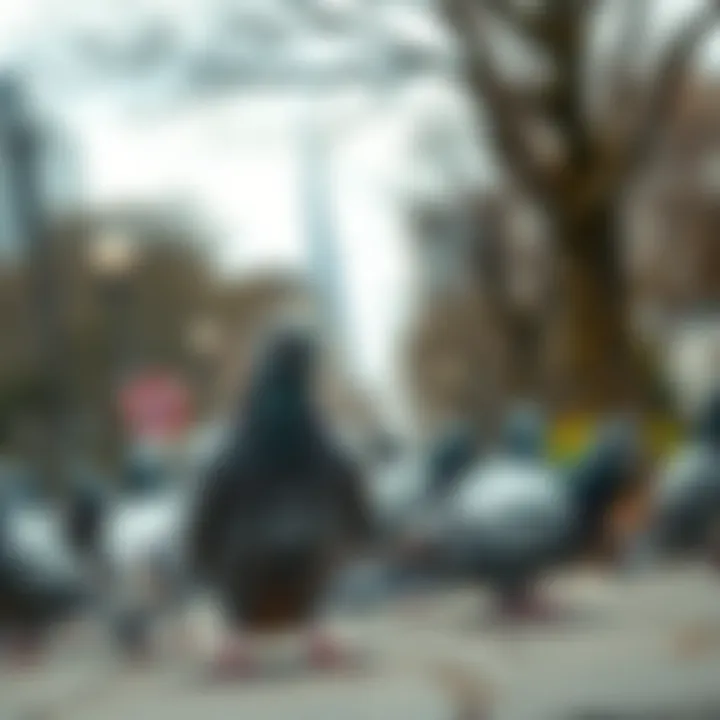 A group of pigeons sitting in a park, with a hidden camera resembling a typical bird in their midst, illustrating the conspiracy theory of government drones disguised as pigeons.