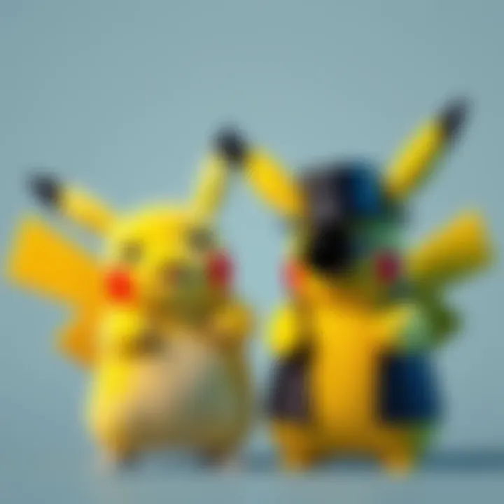 Pikachu and Monopoly Man Pikachu with distinct tails representing gender, beside the Monopoly Man wearing a top hat and missing eye piece, symbolizing brand evolution.