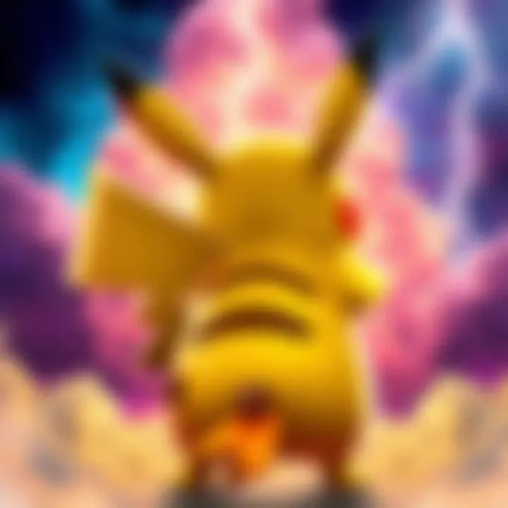 Pikachu character displaying its tail with a brown mark at the base, set against a colorful background of clouds and lightning bolts.