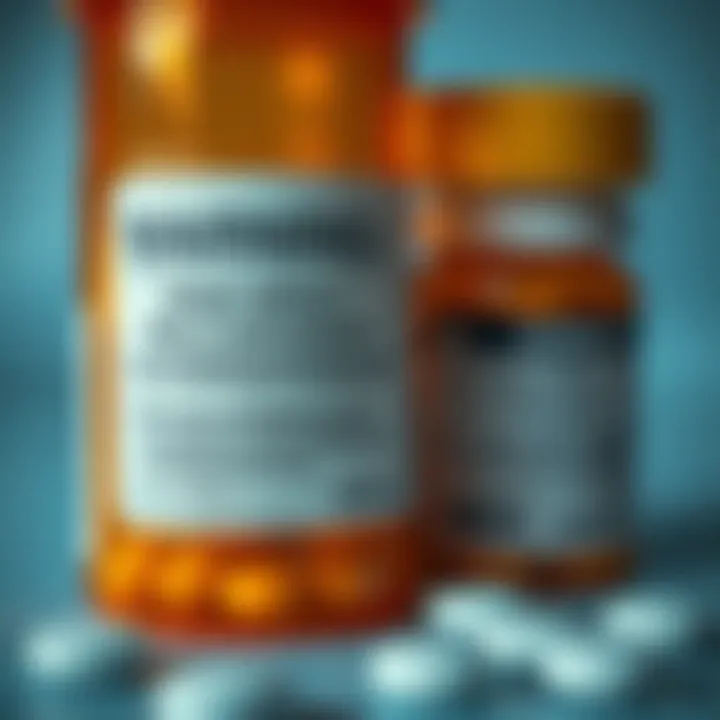 A close-up of a prescription pill bottle next to a warning label about side effects and efficacy of antidepressants.
