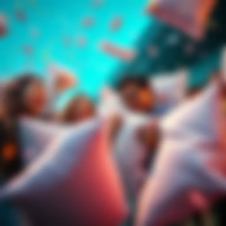 Pillow Fight Action Participants laughing and swinging pillows in a lively pillow fight scene