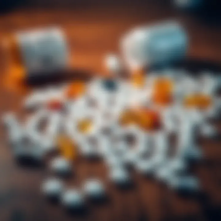 Various prescription pills scattered on a wooden table, symbolizing drug dependency