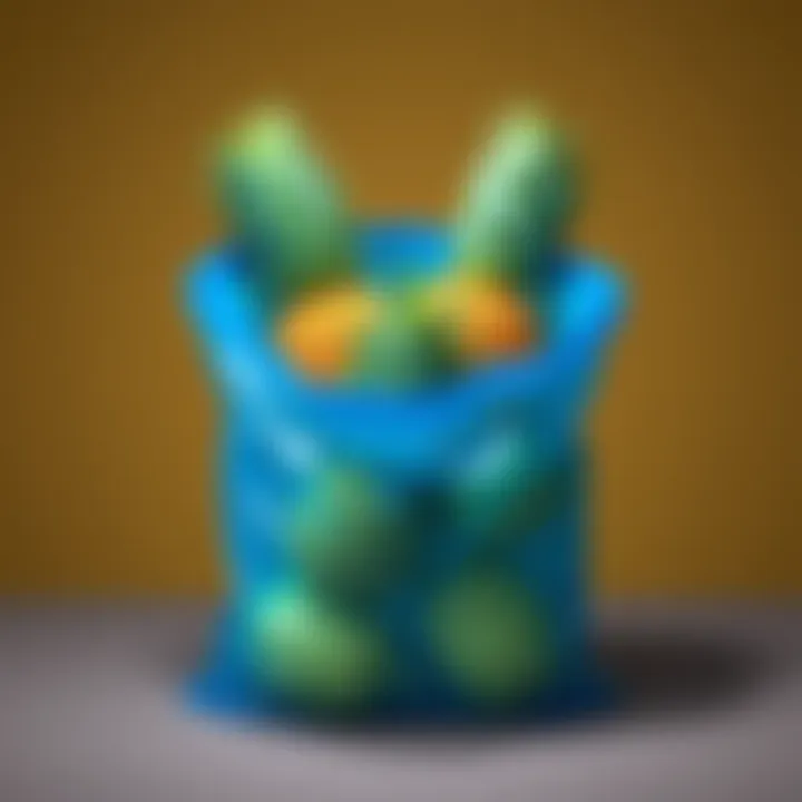 A blue bag with green pineapples turning yellow inside, showcasing an unusual color change.