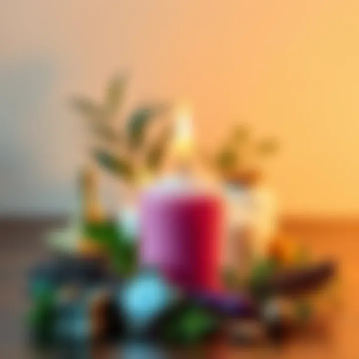 A pink candle surrounded by protective symbols and herbs, representing spell protection rituals.