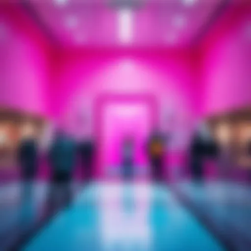 A bright pink elevator inside a mall with people waiting to enter, showcasing a surreal dream-like atmosphere.