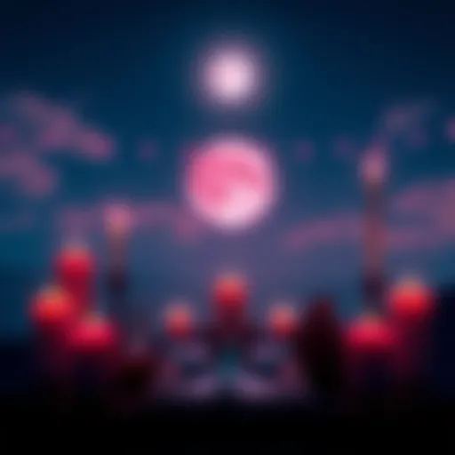 A serene scene featuring a bright Pink Moon shining in the night sky, surrounded by candles and crystals on a table, symbolizing healing and love rituals.