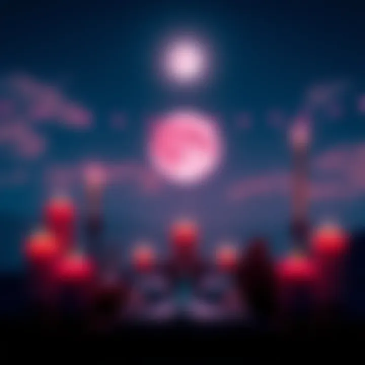A serene scene featuring a bright Pink Moon shining in the night sky, surrounded by candles and crystals on a table, symbolizing healing and love rituals.