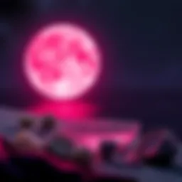 A glowing pink moon shines over a table with crystals and a bowl of moon water, symbolizing rituals for creativity and growth.