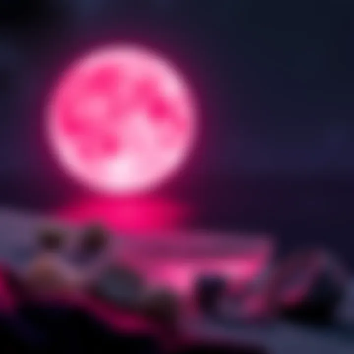 A glowing pink moon shines over a table with crystals and a bowl of moon water, symbolizing rituals for creativity and growth.