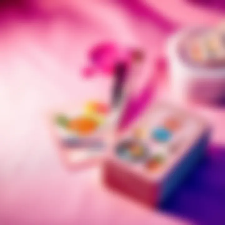 A pink oracle card deck featuring a card illustrating a healthy meal and another one depicting painting supplies, set against a soft background.