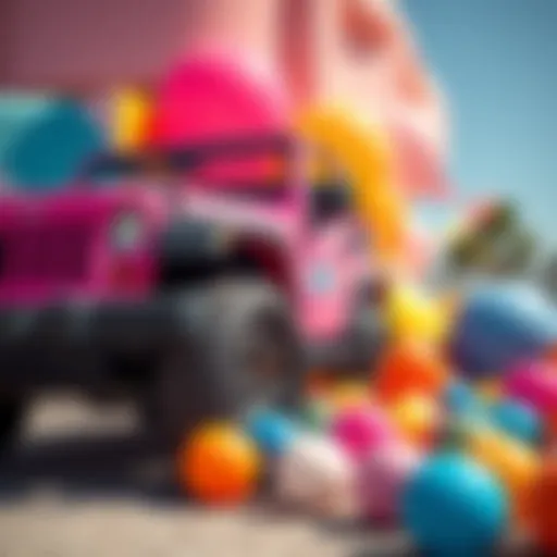 A vibrant pink jeep parked next to bright bouncy balls on a sunny day.