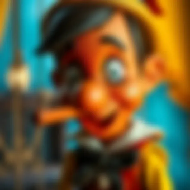 A wooden puppet, Pinocchio, with a long nose extending as he speaks, illustrating the conflict between truth and lies.