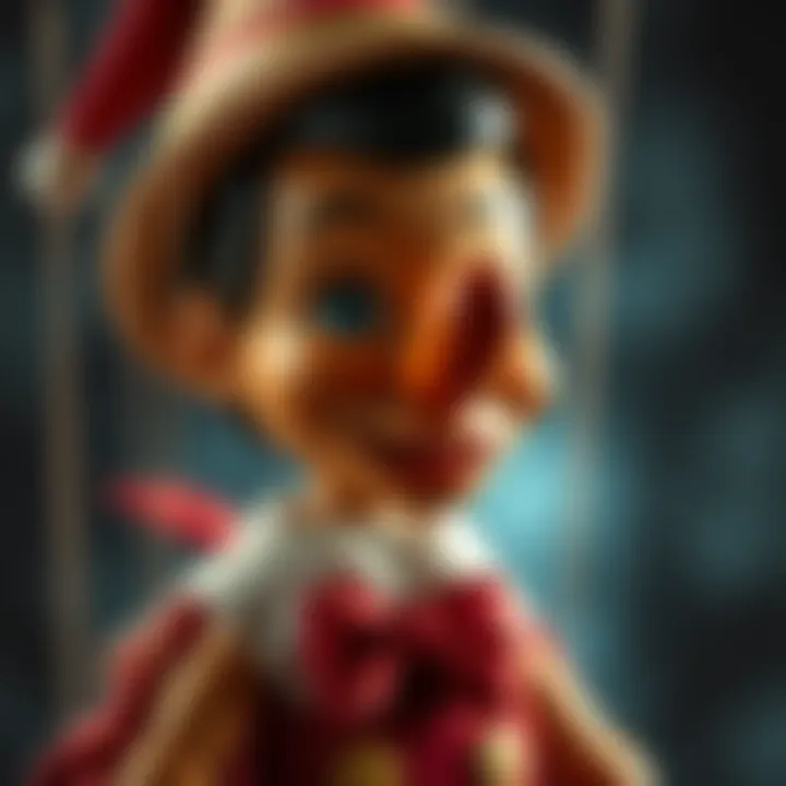 Pinocchio with a growing nose A wooden puppet resembling Pinocchio with a nose that is visibly growing, representing the conflict between truth and lies.